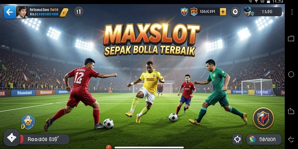 Screenshot MAXSLOT menampilkan aksi seru sepak bola di lapangan.