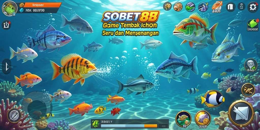 Tangkapan layar menunjukkan gameplay SOBET88 dengan ikan-ikan yang bergerak lincah.